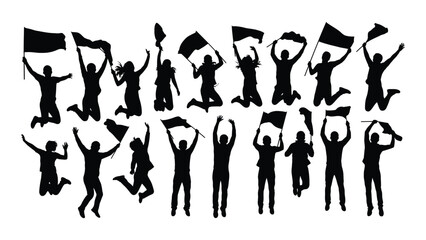 Energetic people jumping with flags silhouettes isolated on white background, Vector