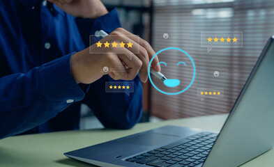 business professional uses digital tools to rate customer experience, highlighting positive feedback, satisfaction metrics, and five-star reviews in a modern online service evaluation environment.