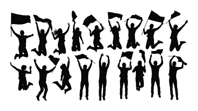 Energetic people jumping with flags silhouettes isolated on white background, Vector