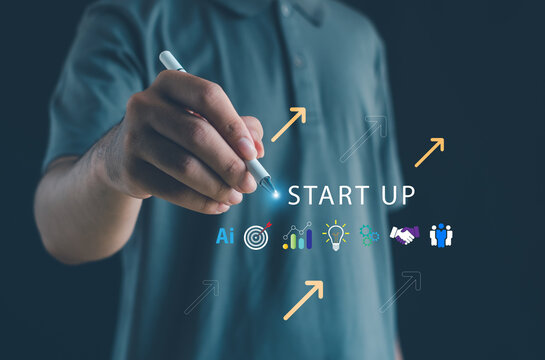 modern startup concept showing a hand drawing digital icons for AI, analytics, innovation, teamwork, and business growth, ideal for technology, entrepreneurship, and strategic planning themes.