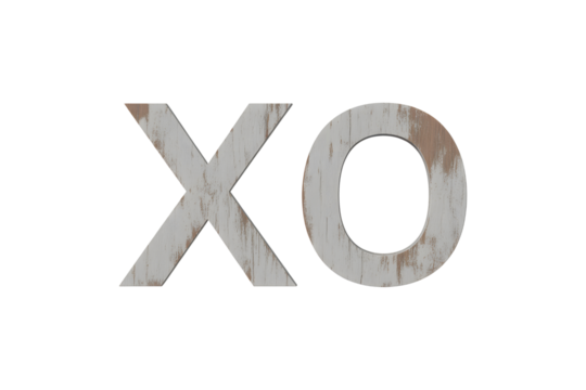 Two rustic wooden block letters 'XO' isolated on transparent background