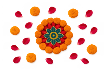 Rangoli design made with marigold flowers and rose petals celebrating indian festivals and traditions on transparent background
