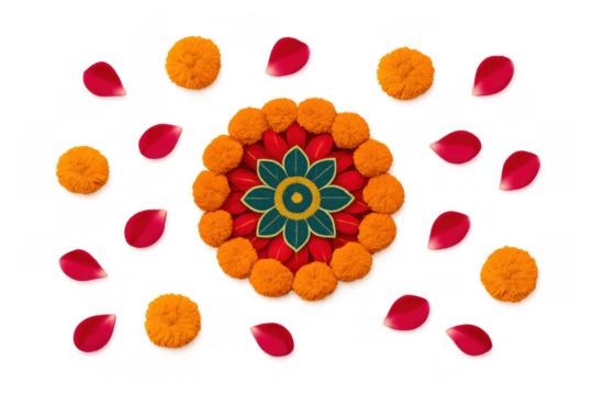 Rangoli design made with marigold flowers and rose petals celebrating indian festivals and traditions on transparent background