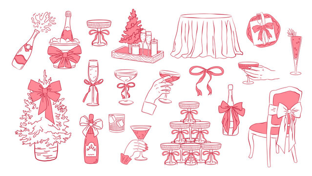 Champagne party elements. Cocktail pink glasses, bottles, and restaurant table for menu design, postcards. Vector vintage doodles