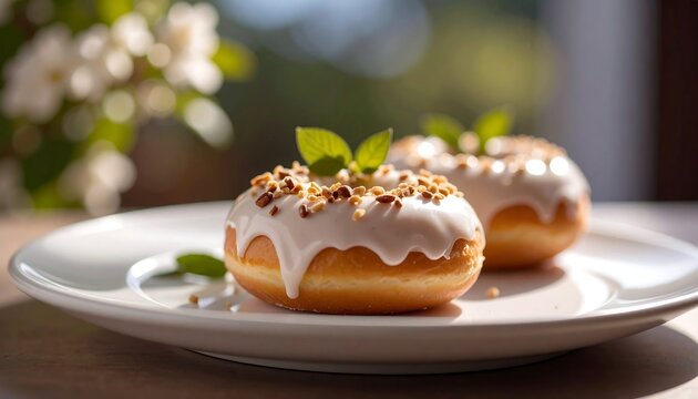 Two glazed donuts with chopped nuts and mint leaves resting on a white plate in soft light