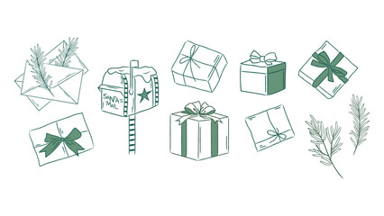 Santa Claus' Polar Mail. Boxes with bows, parcels, and doodle envelopes