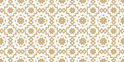 Vector seamless pattern with islamic geometric floral traditional ornament. Ethnic arabesque texture with star tiles. Gold and white background. Repeating design for fabric, textile, decor, print
