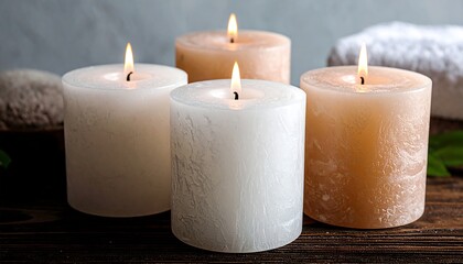 Four flickering pillar candles in white and beige hues set upon a dark wooden surface
