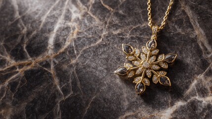 Elegant gold snowflake pendant necklace resting on a dark marble surface with intricate details