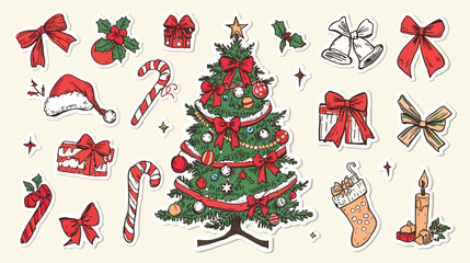 Festive Christmas Stickers Hand Drawn Holiday Elements with Tree Gifts and Decorations