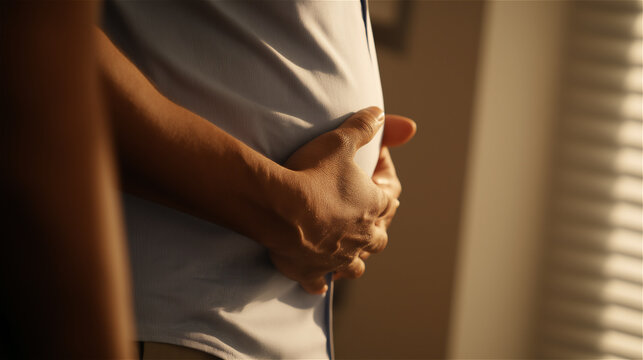 Close-up of pregnant woman holding her belly in soft natural light, expressing care, anticipation and tenderness during maternity, with warm tones creating an intimate and emotional atmosphere.