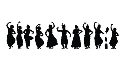 Indian classical dance silhouettes isolated on white background, Vector