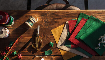 Festive DIY craft project with colorful felt and ribbons, perfect for holiday decorations and creative gift wrapping, inspiring handmade charm and seasonal joy