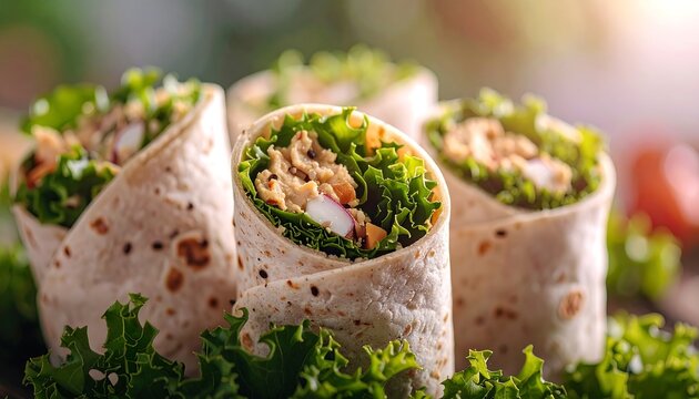 Close up view of several savory tortilla wraps filled with lettuce protein and radish slices