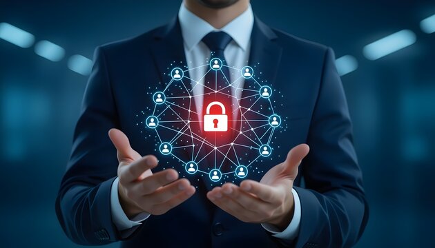 businessman pressing social network icon, business network, cybersecurity, hologram, digital connections, futuristic interface, corporate technology, data protection, glowing icons, professional conce