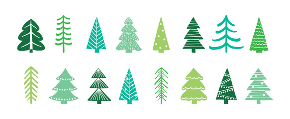 Hand drawn Christmas tree icon set. X-Mas decorations. Vector illustration