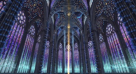 Step into a world of vibrant stained glass and celestial light within a majestic cathedral, perfect for fantasy novels or architectural marvel showcases, an awe inspiring design,Generated Image
