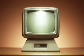Vintage computer monitor glowing softly on a wooden surface against a warm gradient background, evoking nostalgia, early technology culture and retro digital aesthetics for creative design use.