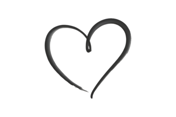 Simple hand drawn heart outline in black charcoal isolated on transparent background, cut out