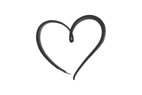 Simple hand drawn heart outline in black charcoal isolated on transparent background, cut out