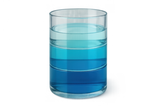 Glass liquid layers creating a blue scientific density gradient with various shades and transparent background