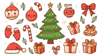 Cute Christmas Cartoon Illustration Featuring Tree Ornaments Presents and Other Holiday Elements