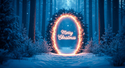 Merry christmas glowing portal in a snowy winter forest wonderland scene at night on transparent background