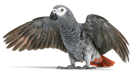 Fototapeta premium Gray parrot shows textured feathers, spreading wings on white. Use for wildlife documents, bird guides, animal education.