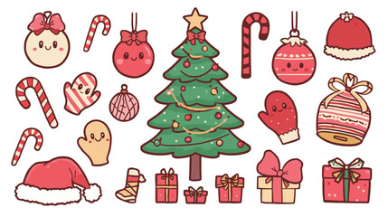 Cute Christmas Kawaii Style Illustration with Tree Ornaments Presents Candy Canes and Winter Accessories