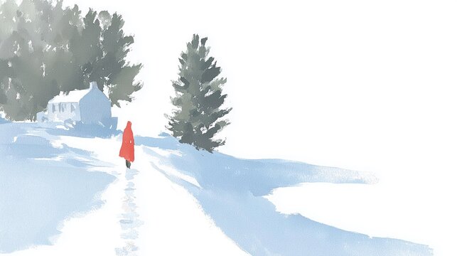 Winter wallpaper and poster with watercolor illustration of person in red cloak walking on snowy path, beside trees and house in soft blue tone. Calm rural winter scene for seasonal or holiday use.