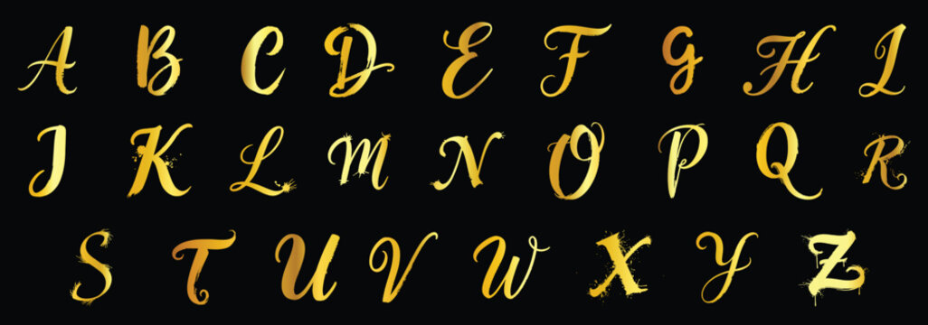 Golden calligraphic alphabet letters on black background for decorative design elements