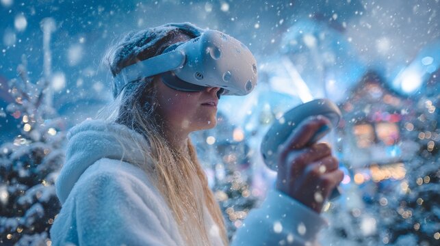 Young woman wearing VR headset, immersed in virtual reality during snowy winter scene
