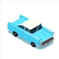 Blue vintage classic car with white roof isometric side view retro automobile isolated on white background for transport posters ads and web design