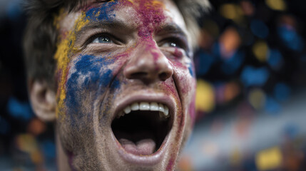Naklejka premium Colorful face paint fan, screaming joy, confetti, stadium, passion