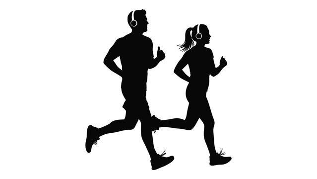 Running couple with headphones silhouette isolated on white background, Vector