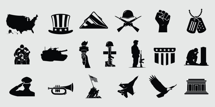 Collection of patriotic american symbols and military silhouettes representing freedom and remembrance