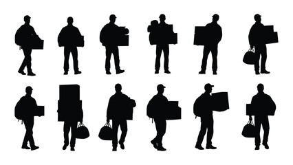 Delivery couriers with packages silhouettes isolated on white background, Vector