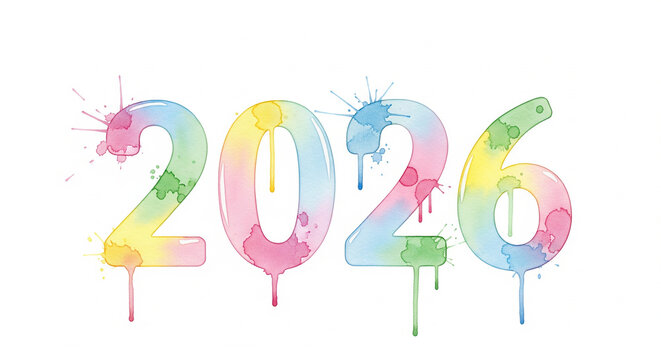 Celebrate 2026 textwith vibrant watercolor numbers, a fresh start for a new year