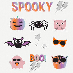 Cute halloween characters and symbols with spooky text on a dark background