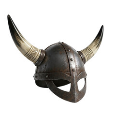 Viking helmet with horns and ancient markings on a dark background with dramatic lighting
