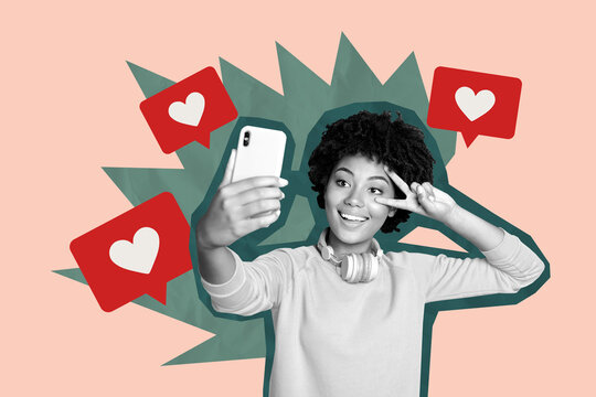 Collage design trend artwork sketch of young woman smile selfie two finger hello smartphone app communication smm manager media reaction