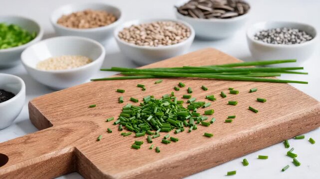Finely chopped green chives on a wooden cutting board, surrounded by white bowls filled with different seeds. Fresh herb and seed preparation. Kitchen table scene.