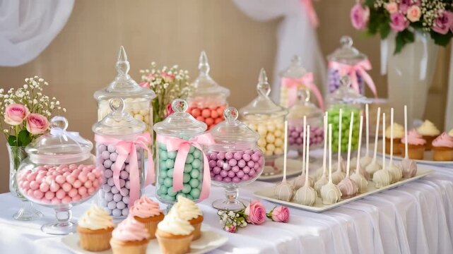 Decorative dessert table with pastel-colored candies in glass jars, cupcakes with frosting, and cake pops on a tray. Adorned with pink ribbons and fresh flowers. Festive candy bar.