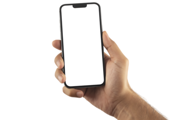 Hand holding the black smartphone with blank screen and modern frameless design in rotated perspective positions - isolated transparent background - Clipping Path