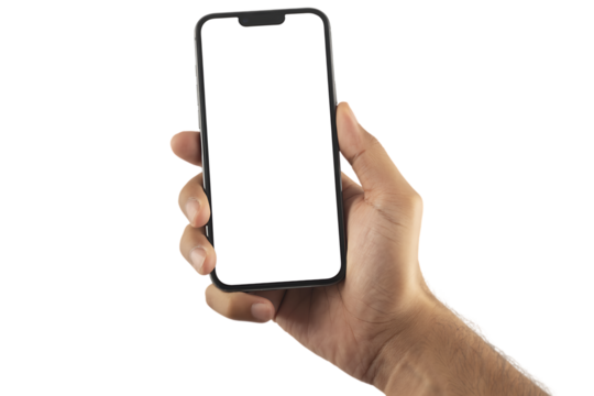 Hand holding the black smartphone with blank screen and modern frameless design in rotated perspective positions - isolated transparent background - Clipping Path