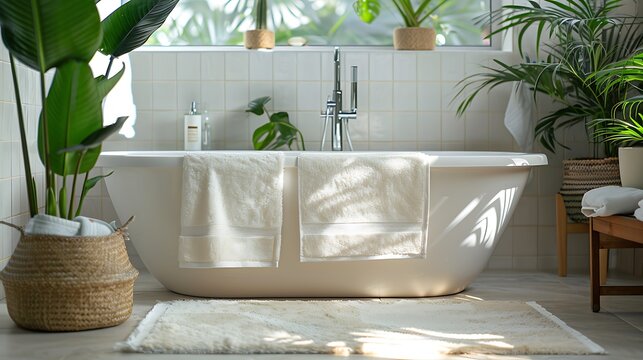 Bright bathroom with white tub towels and plants creating a spa like relaxing atmosphere indoors