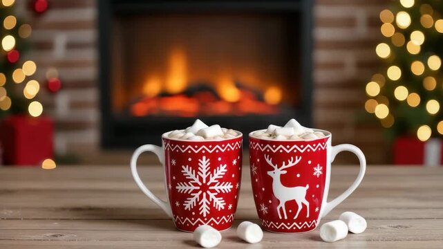 Two red mugs with snowflake and reindeer prints filled with hot cocoa and marshmallows. Fireplace and Christmas tree lights in background. Warm and festive winter drink scene.