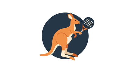 An illustrative logo of a kangaroo playing tennis with a racket, a flat vector icon design suitable for a sports team or club, isolated on a white background. 