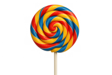 Colorful swirl lollipop sweet candy on stick with red, yellow, and blue stripes for a fun treat, transparent background