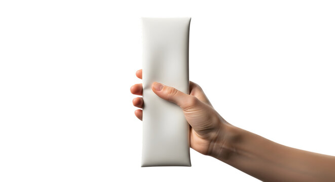 Hand holding a white rectangular object isolated on transparent background